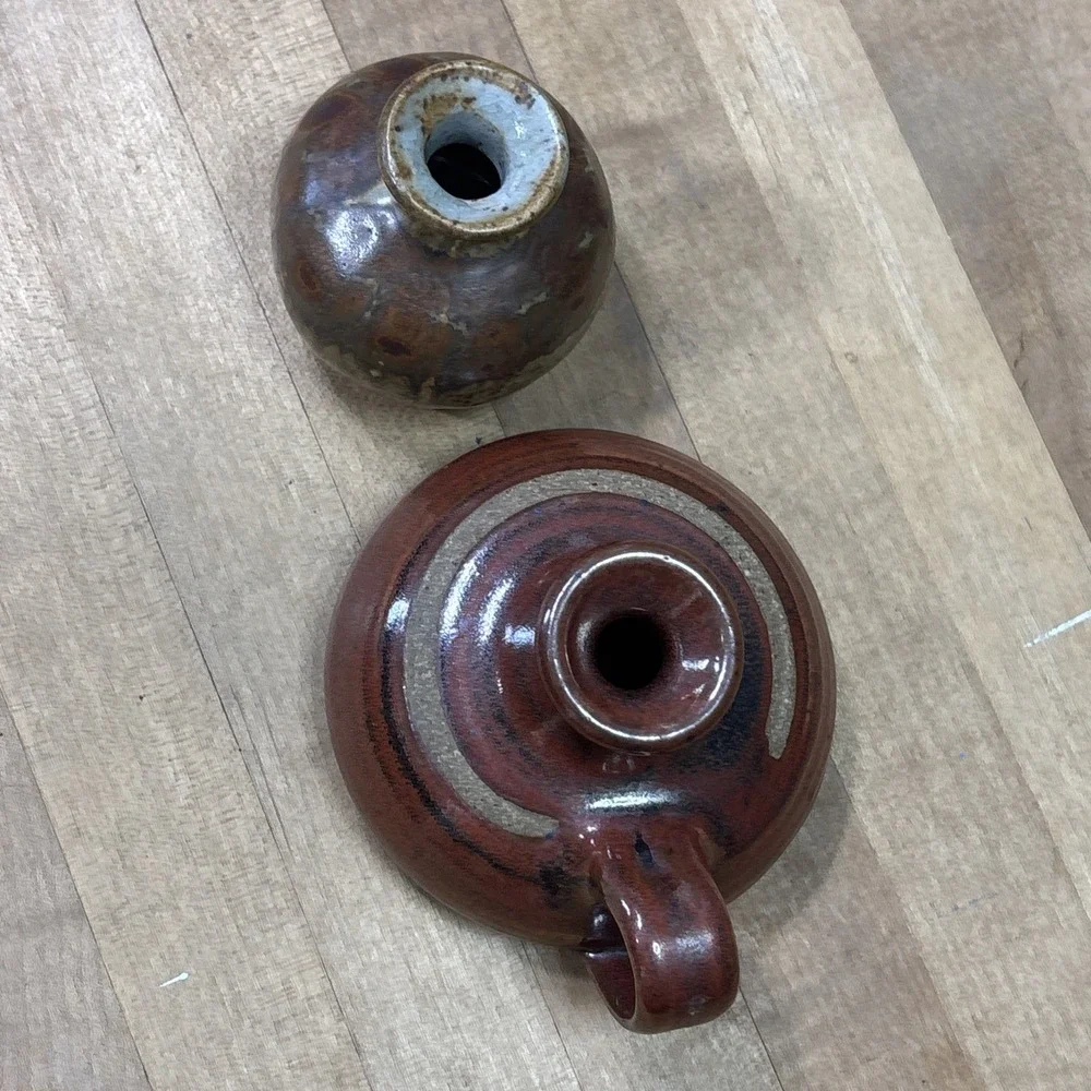 Vintage Studio Pottery Mini Vase & Handled Vessel Drip Glaze Earth Tone Set